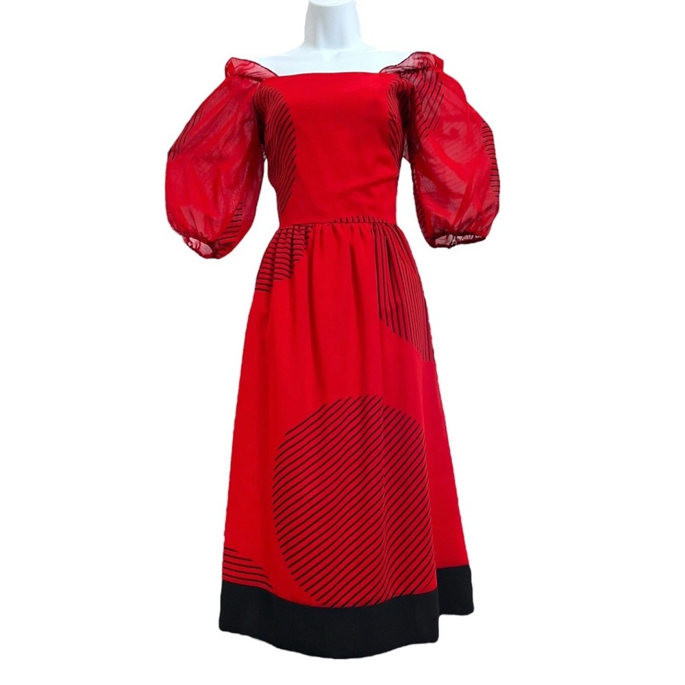 Vintage 1980s Cinnamon Red Op Art Puff Sleeve Off Shoulder Midi Dress M - Picture 2 of 8